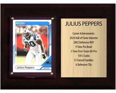 Julius Peppers Carolina Panthers Hall of Fame Stats Plaque 6x8 1 Card Prizm, Donruss, Score 2024 2025 2026