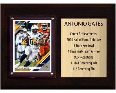 Antonio Gates Los Angeles Chargers Hall of Fame Stats Plaque 6x8 1 Card Prizm, Donruss, Score 2024 2025 2026