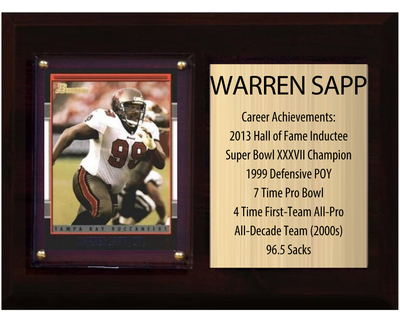Warren Sapp Tampa Bay Buccaneers Hall of Fame Stats Plaque 6x8 1 Card Prizm, Donruss, Score 2024 2025 2026