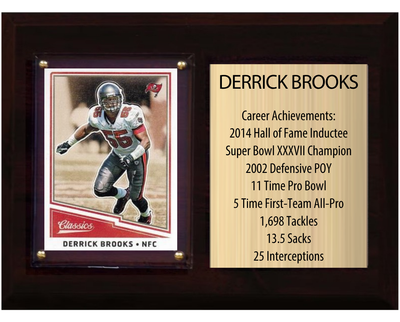 Derrick Brooks Tampa Bay Buccaneers Hall of Fame Stats Plaque 6x8 1 Card Prizm, Donruss, Score 2024 2025 2026