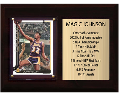 Magic Johnson Los Angeles Lakers HOF Fan Gift Plaque 6x8 Stats 1 Card Panini Donruss Hoops Prizm Topps 2024 2025 2026