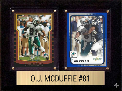 OJ McDuffie Miami Dolphins Fan Gift Plaque 6x8 2 Cards Prizm, Donruss, Score 2024 2025 2026