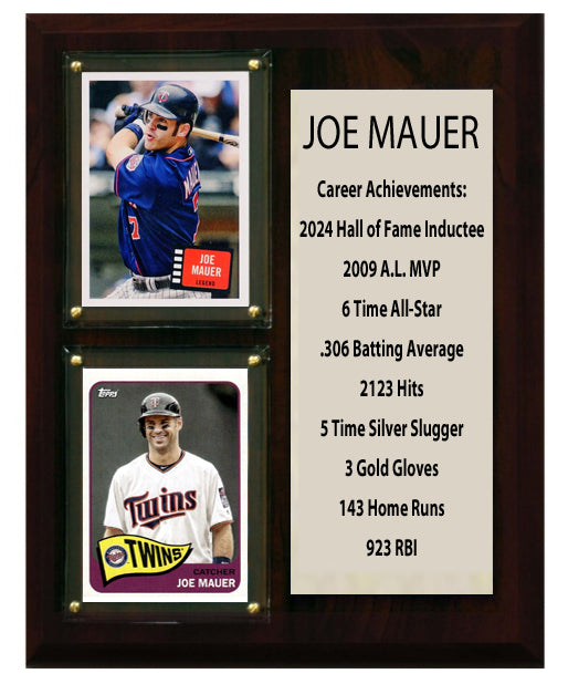 Joe Mauer Minnesota Twins 2024 MLB HOF 2 Card Stats Plaque 8" x 10"