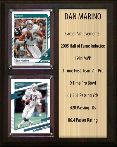 Dan Marino Miami Dolphins HOF Fan Gift Plaque 8x10 Stats 2 Cards Donruss Score Panini Topps Prizm 2024 2025 2026