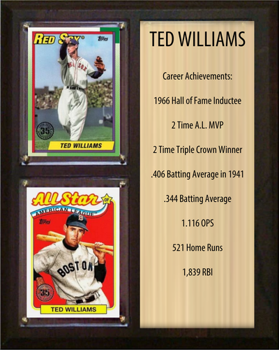 Ted Williams Boston Red Sox HOF Fan Gift Plaque 8x10 Stats 2 Cards Topps Donruss Panini 2024 2025 2026