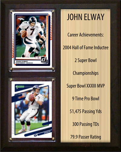 John Elway Denver Broncos HOF Fan Gift Plaque 8x10 Stats 2 Cards Donruss Score Panini Topps Prizm 2024 2025 2026