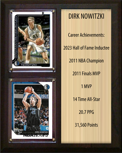 Dirk Nowitzki Dallas Mavericks Hall of Fame Stats Plaque 8x10 2 Cards Hoops, Prizm, Donruss 2024 2025 2026
