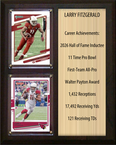 Larry Fitzgerald Arizona Cardinals Hall of Fame Stats Plaque 8x10 2 Cards Prizm, Donruss, Score 2024 2025 2026
