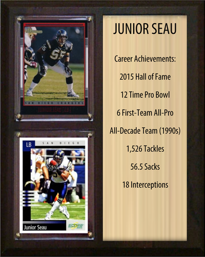 Junior Seau Los Angeles Chargers Hall of Fame Stats Plaque 8x10 2 Cards Prizm, Donruss, Score 2024 2025 2026