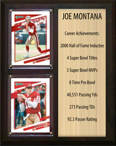 Joe Montana San Francisco 49ers HOF Fan Gift Plaque 8x10 Stats 2 Cards Donruss Score Panini Topps Prizm 2024 2025 2026