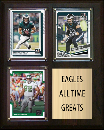 Philadelphia Eagles All-Time Greats Fan Cave Plaque 8x10 3 Cards Saquon Barkley Jason Kelce Reggie White