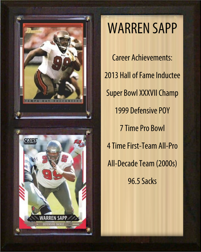 Warren Sapp Tampa Bay Buccaneers Hall of Fame Stats Plaque 8x10 2 Cards Prizm, Donruss, Score 2024 2025 2026