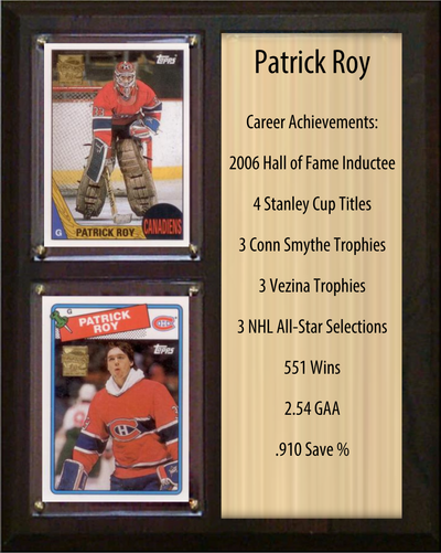Patrick Roy Montreal Canadiens HOF Fan Gift Plaque 8x10 Stats 2 Cards Upper Deck Parkhurst O-Pee-Chee Topps 2024 2025 2026