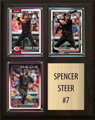 Spencer Steer Cincinnati Reds Fan Gift Plaque 8x10 3 Cards Topps, Bowman 2024 2025 2026
