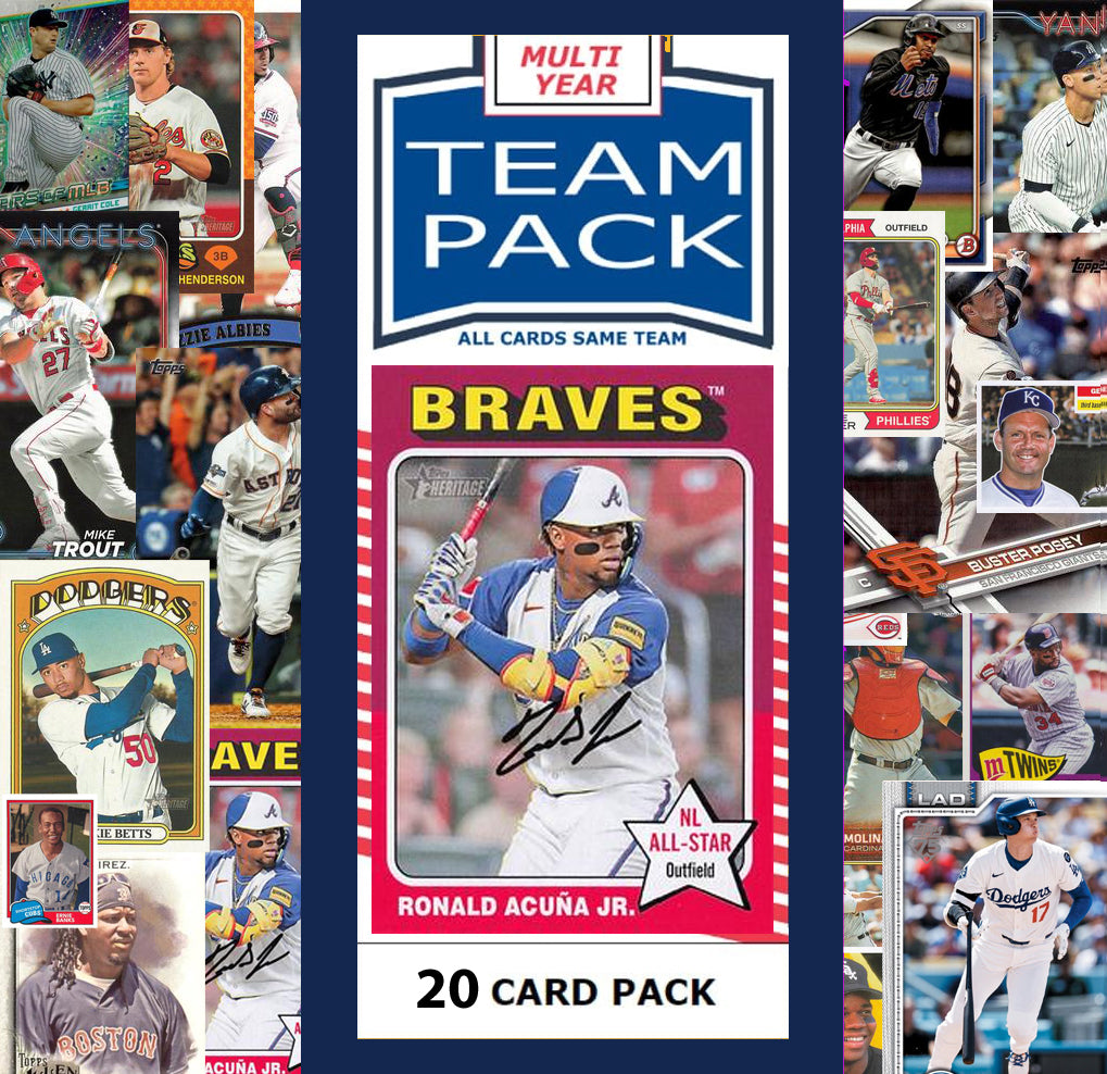 20 Card Multiyear Team Pack Atlanta Braves Ronald Acuna Jr 2024 2023 2025 Topps Stadium Club Archives Chrome Heritage Bowman
