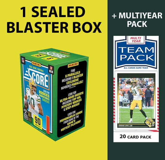 2025 SCORE Green Bay Packers Gift Pack - Sealed Blaster Box + Multiyear Team Pack Jordan Love
