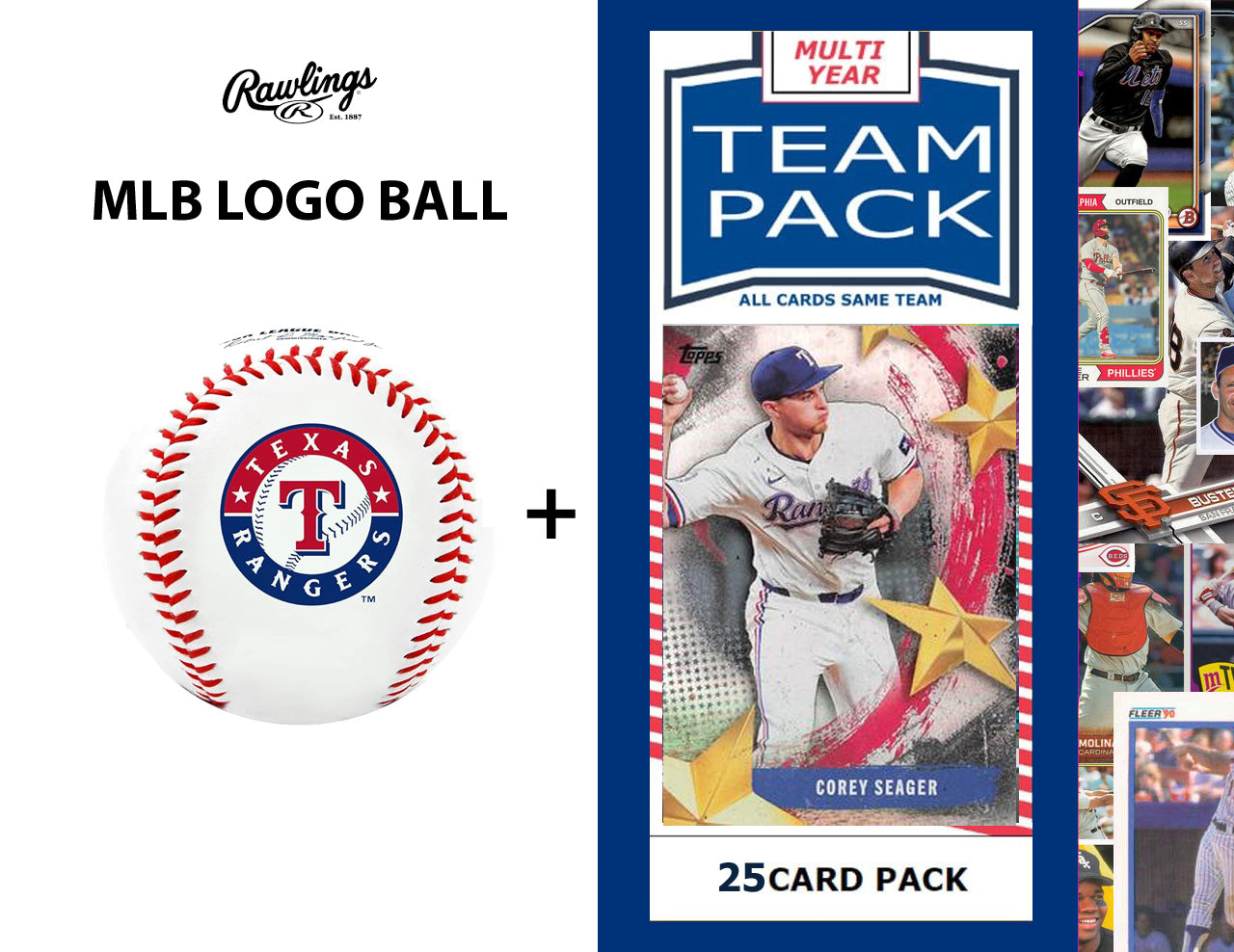 Rawlings MLB Texas Rangers Team Logo Baseball + Team 25 Pack Corey Seager Topps 2025 2024 2023