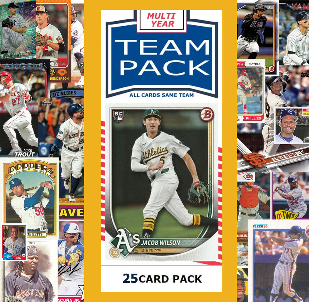 25 Card Multiyear Team Pack Athletics 2024 2023 2025 Jacob Wilson Topps Stadium Club Archives Chrome Heritage Bowman