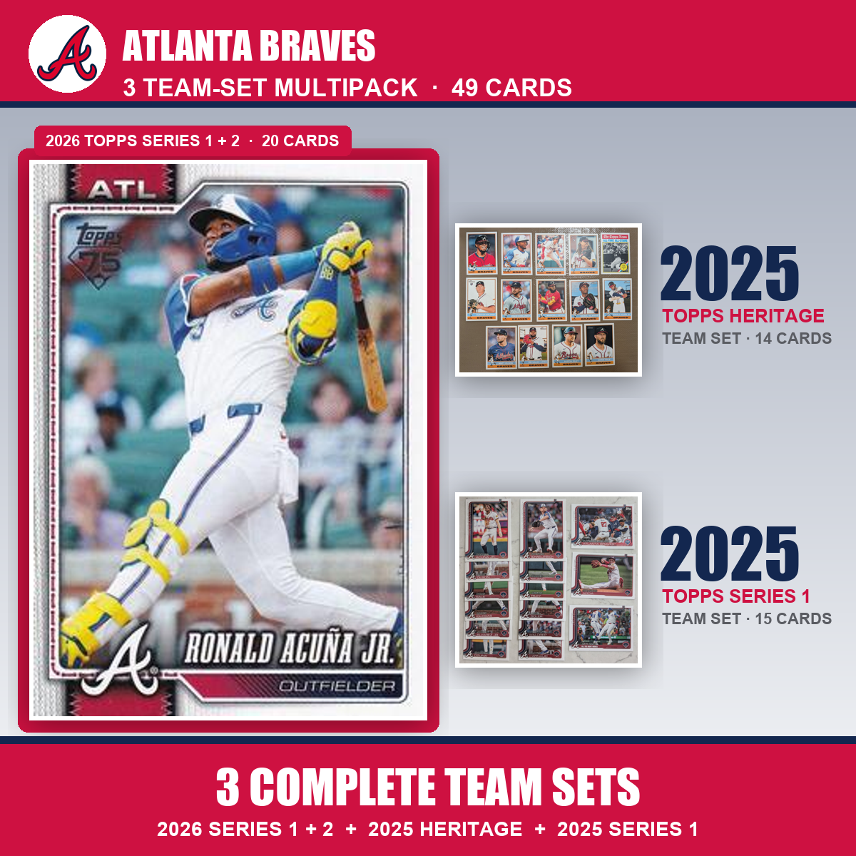 Atlanta Braves Baseball Team Set Multipack - 2026 Topps Series 1 & 2 + 2025 Heritage + 2025 Topps Series 1 - 3 Complete Team Sets - Ronald Acuna Jr.
