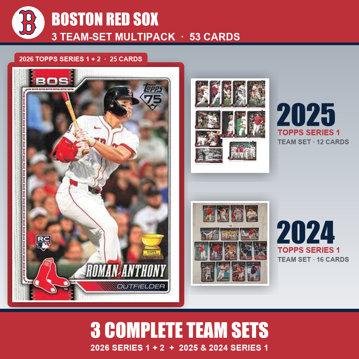 Boston Red Sox Baseball Team Set Multipack - 2026 Topps Series 1 & 2 + 2025 2024 Topps Series 1 - 3 Complete Team Sets - Roman Anthony