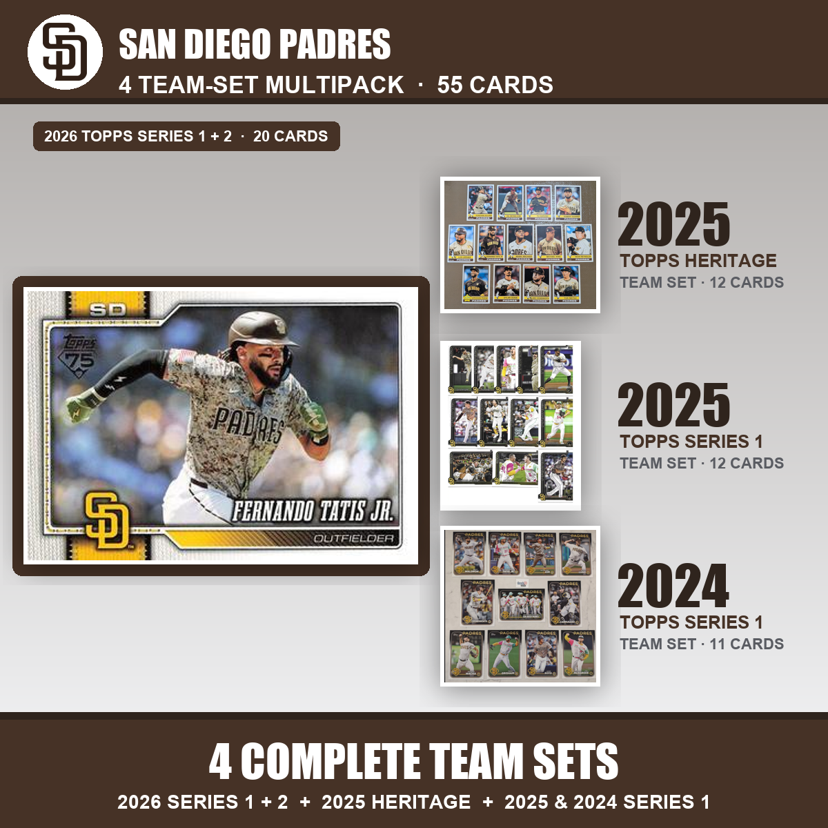 San Diego Padres Baseball Team Set Multipack - 2026 Topps Series 1 & 2 + 2025 Heritage + 2025 2024 Topps Series 1 - 4 Complete Team Sets - Fernando Tatis Jr.