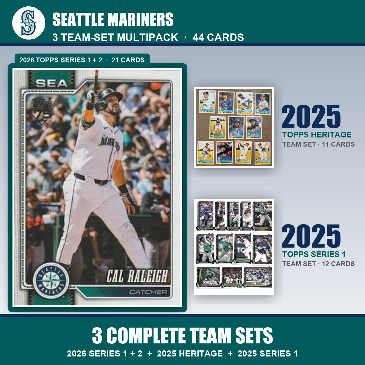Seattle Mariners Baseball Team Set Multipack - 2026 Topps Series 1 & 2 + 2025 Heritage + 2025 Topps Series 1 - 3 Complete Team Sets - Cal Raleigh
