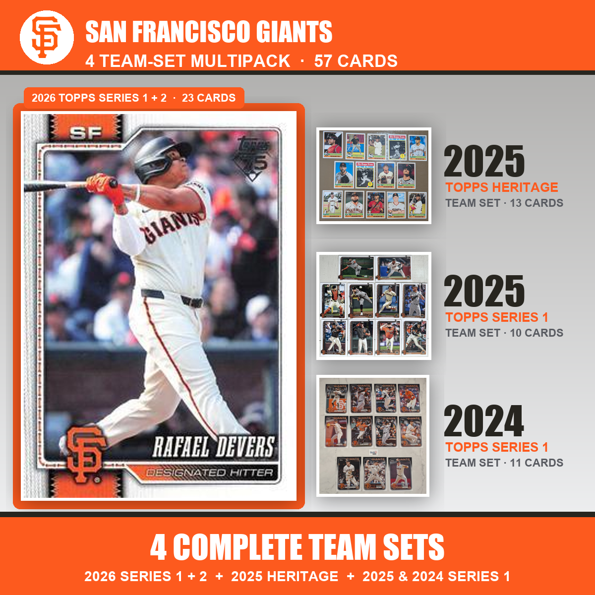 San Francisco Giants Baseball Team Set Multipack - 2026 Topps Series 1 & 2 + 2025 Heritage + 2025 2024 Topps Series 1 - 4 Complete Team Sets - Rafael Devers