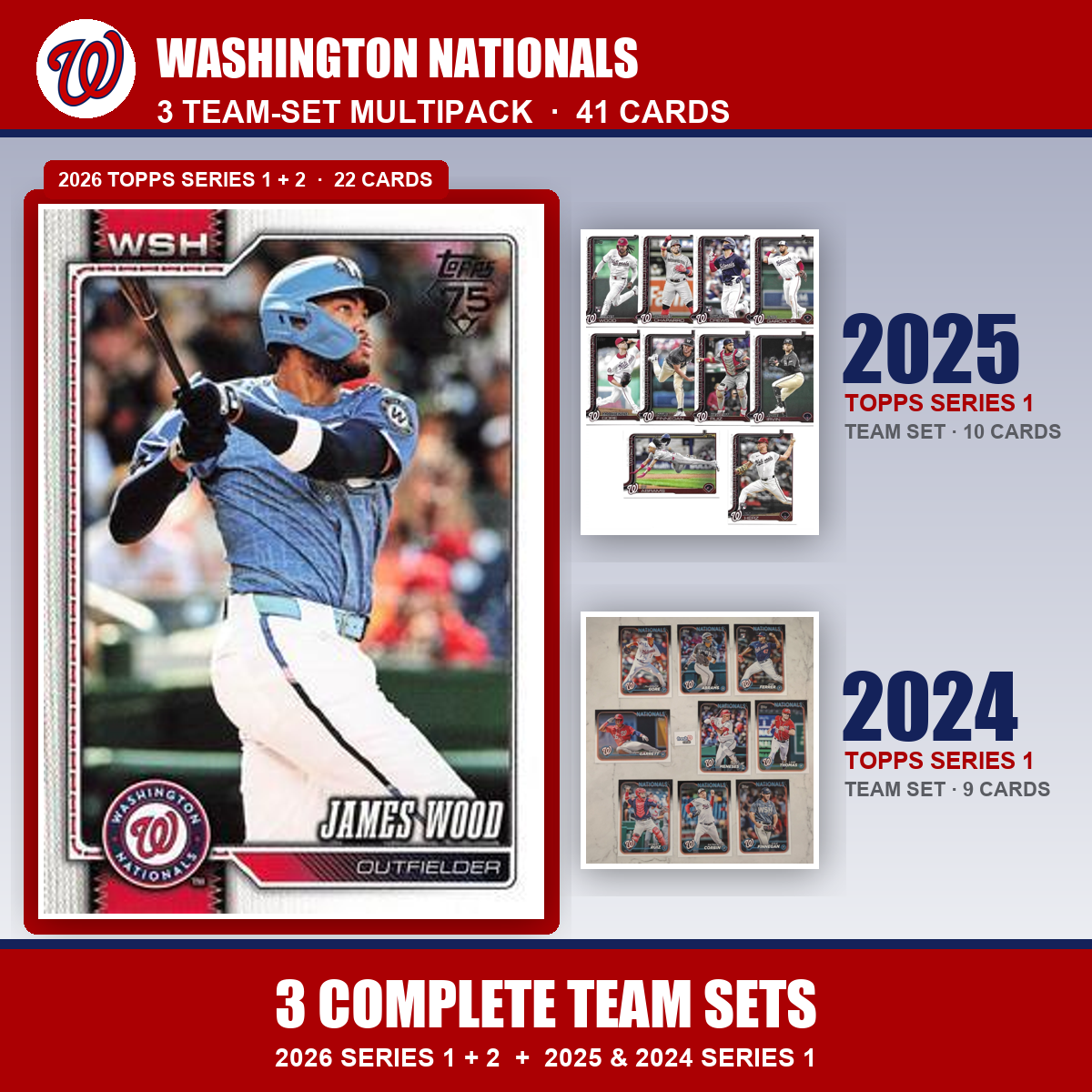 Washington Nationals Baseball Team Set Multipack - 2026 Topps Series 1 & 2 + 2025 2024 Topps Series 1 - 3 Complete Team Sets - James Wood