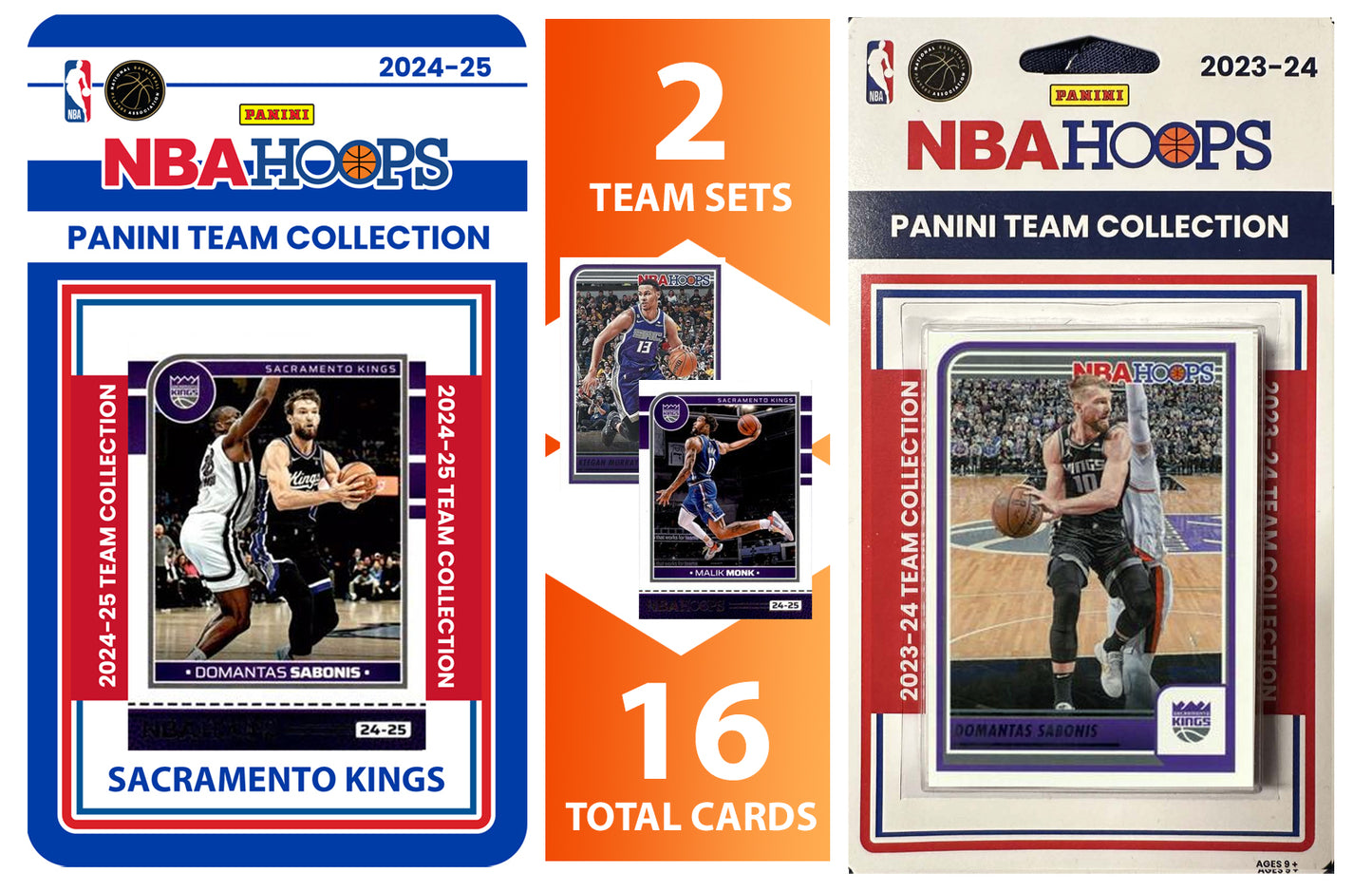 2023 2024 2025 NBA Hoops Factory Sealed NBA Basketball Card 2 Team Set Bundle Sacramento Kings - 16 Cards Total - Damontas Sabonis, DeMar DeRozan, Malik Monk