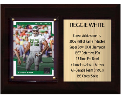 Reggie White Philadelphia Eagles Hall of Fame Stats Plaque 6x8 1 Card Prizm, Donruss, Score 2024 2025 2026