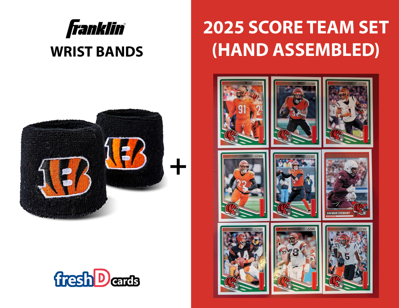 Franklin NFL Team Football Cincinnati Bengals Wrist Bands + 2025 Cards Team Set - Joe Burrow Chase