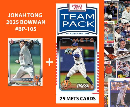 2025 Bowman Jonah Tong BP-105 + 25 Card Multiyear Team Pack New York Mets Lindor 2024 2025 Topps Stadium Heritage Chrome