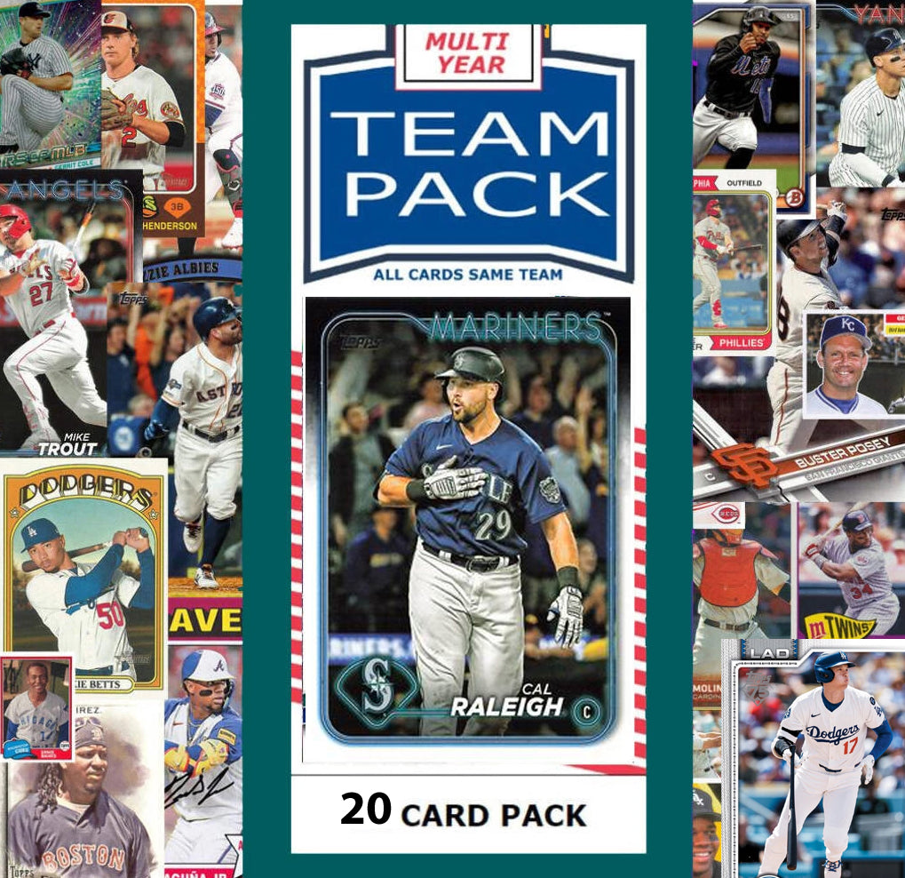 20 Card Multiyear Team Pack Seattle Mariners Cal Raleigh 2024 2023 2025 Topps Stadium Club Archives Chrome Heritage Bowman
