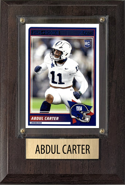 Abdul Carter New York Giants RC 2025 Penn State Score 4x6 Gift football plaque with 1 trading card and engraved nameplate, 4x6 fan cave display