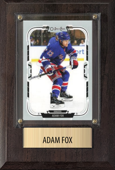 Adam Fox New York Rangers hockey plaque with 1 trading card and engraved nameplate, 4x6 fan cave display
