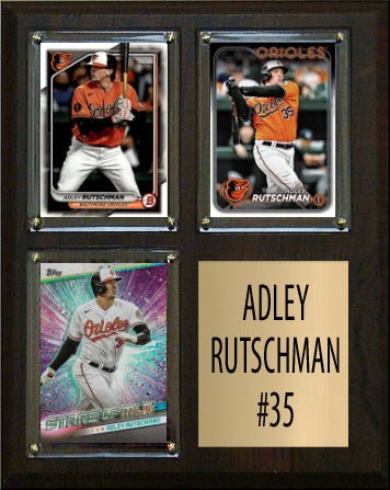 Adley Rutschman #35 3 Card baseball plaque with 3 trading cards and engraved nameplate, 8x10 fan cave display