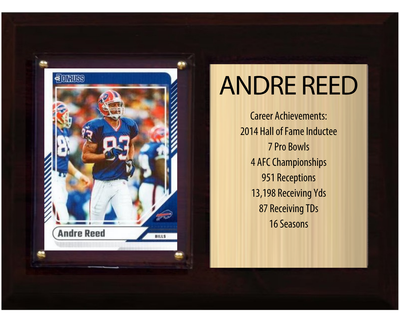 Andre Reed Buffalo Bills football stats plaque with 1 trading card and engraved nameplate, 6x8 fan cave display