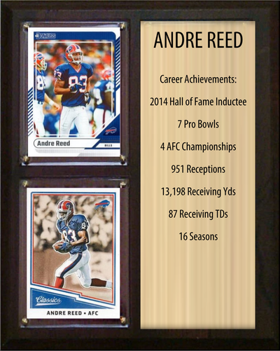 Andre Reed Buffalo Bills football stats plaque with 2 trading cards and engraved nameplate, 8x10 fan cave display