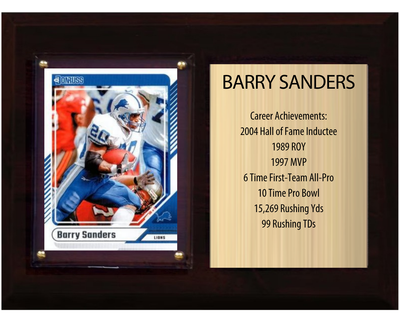 Barry Sanders Detroit Lions football stats plaque with 1 trading card and engraved nameplate, 6x8 fan cave display
