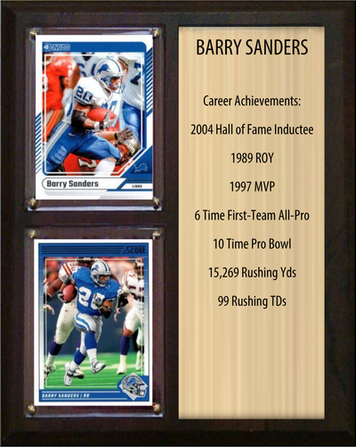 Barry Sanders Detroit Lions football stats plaque with 2 trading cards and engraved nameplate, 8x10 fan cave display