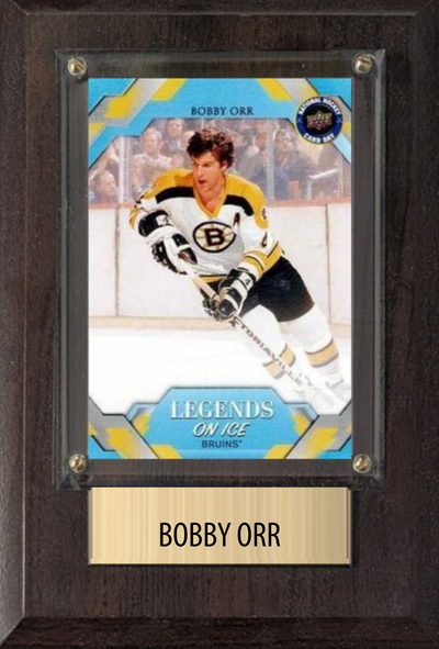 Bobby Orr Boston Bruins HOF hockey plaque with 1 trading card and engraved nameplate, 4x6 fan cave display
