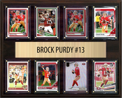 Brock Purdy San Francisco 49ers football plaque with 8 trading cards and engraved nameplate, 12x15 fan cave display