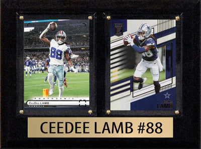 CeeDee Lamb Score Donruss 2022 2021 2 Card 6" x 8" football plaque with 2 trading cards and engraved nameplate, 6x8 fan cave display