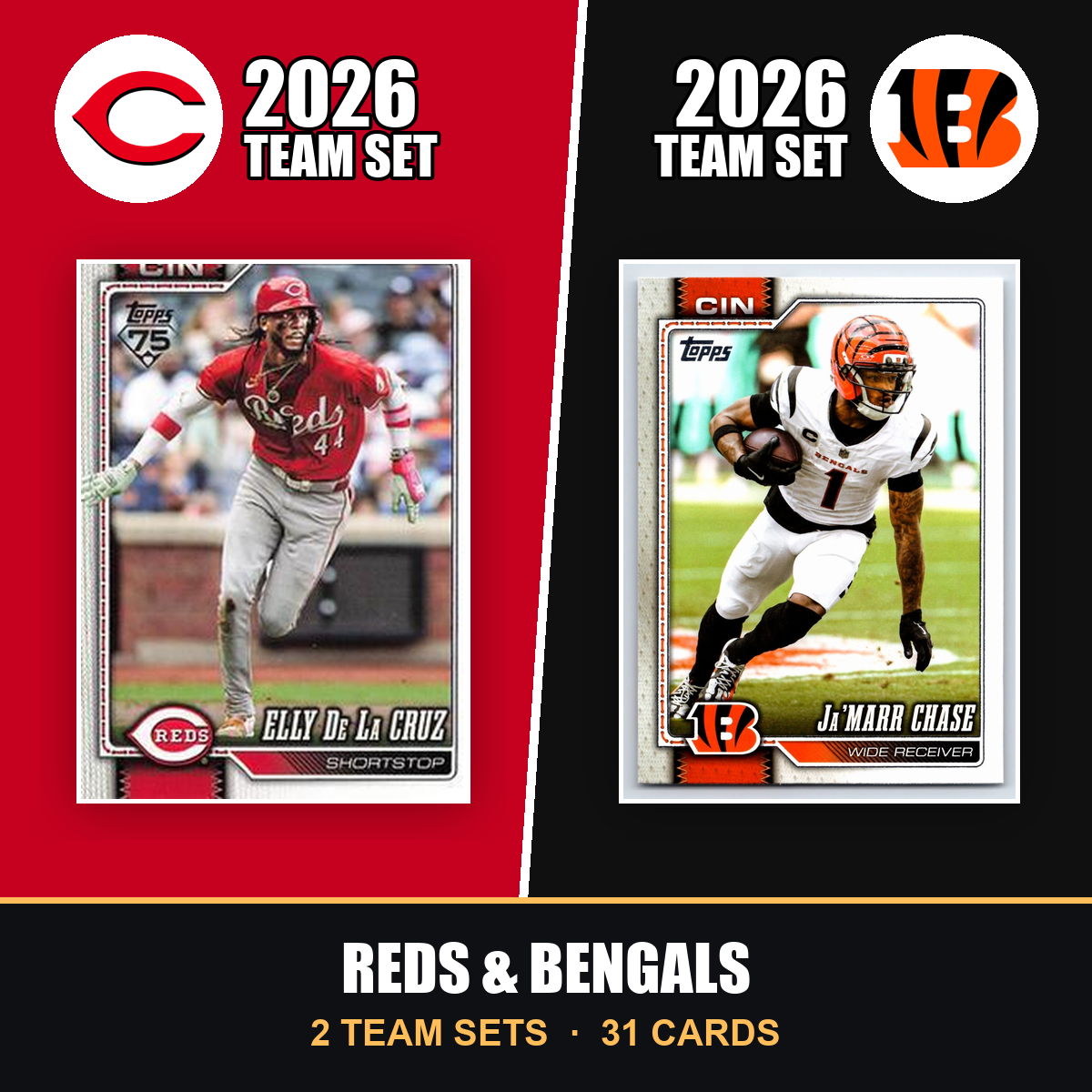 2026 Topps Cincinnati Reds & Bengals Team Set Combo - Baseball + Football 2-Sport Bundle - Elly De La Cruz & Joe Burrow
