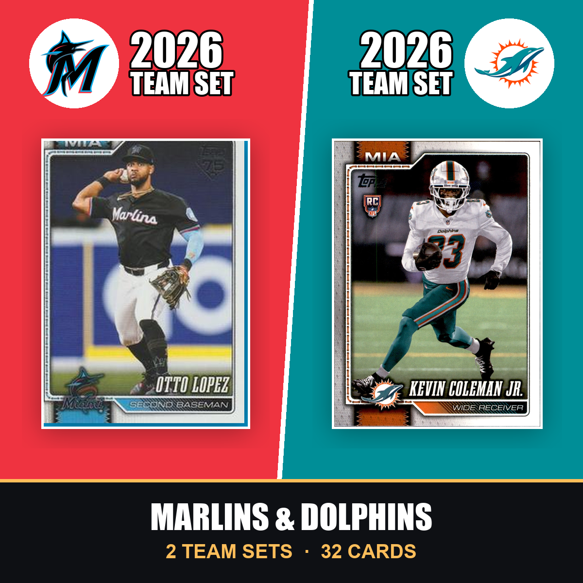 2026 Topps Miami Marlins & Dolphins Team Set Combo - Baseball + Football 2-Sport Bundle - Otto Lopez & De'Von Achane