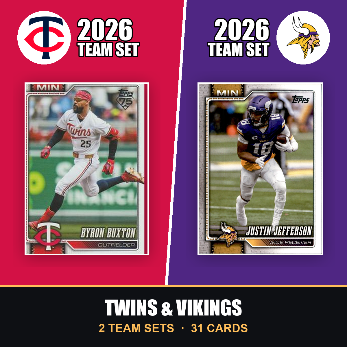 2026 Topps Minnesota Twins & Vikings Team Set Combo - Baseball + Football 2-Sport Bundle - Byron Buxton & Justin Jefferson