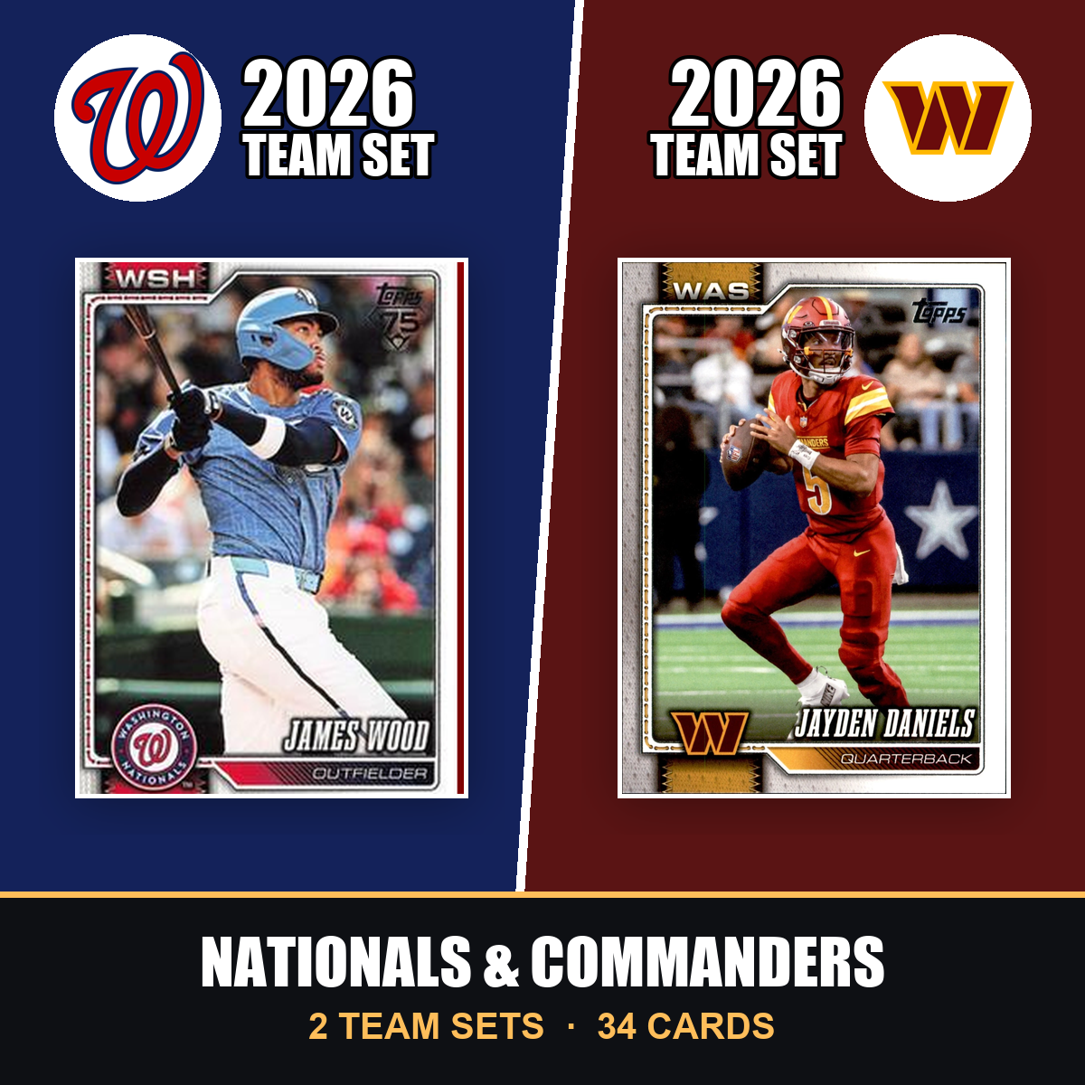 2026 Topps Washington Nationals & Commanders Team Set Combo - Baseball + Football 2-Sport Bundle - James Wood & Jayden Daniels