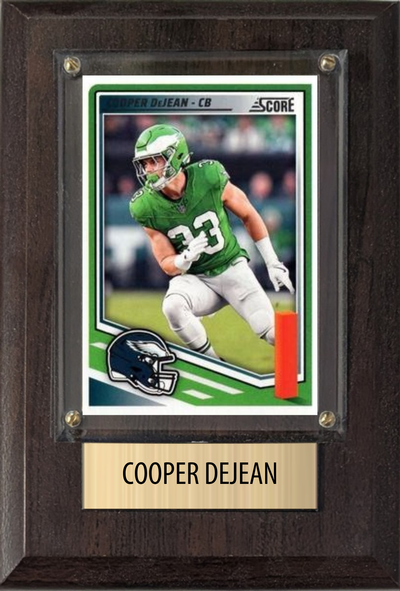 Cooper DeJean Philadelphia Eagles football plaque with 1 trading card and engraved nameplate, 4x6 fan cave display
