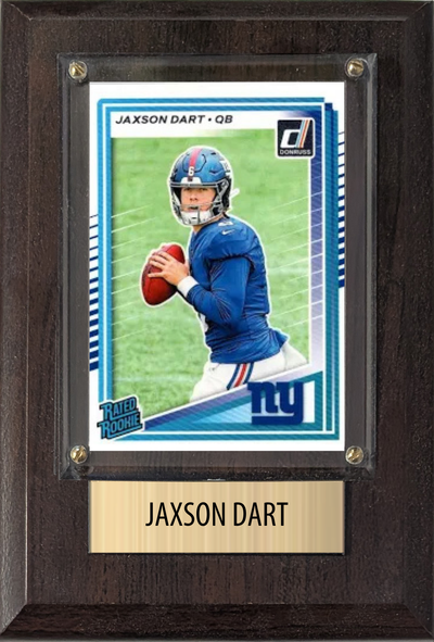 Jaxson Dart New York Giants RC 2025 4x6 Gift football plaque with 1 trading card and engraved nameplate, 4x6 fan cave display