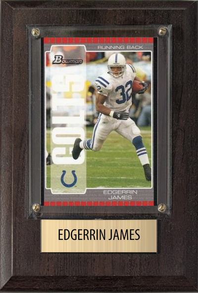 Edgerrin James Indianapolis Colts football plaque with 1 trading card and engraved nameplate, 4x6 fan cave display